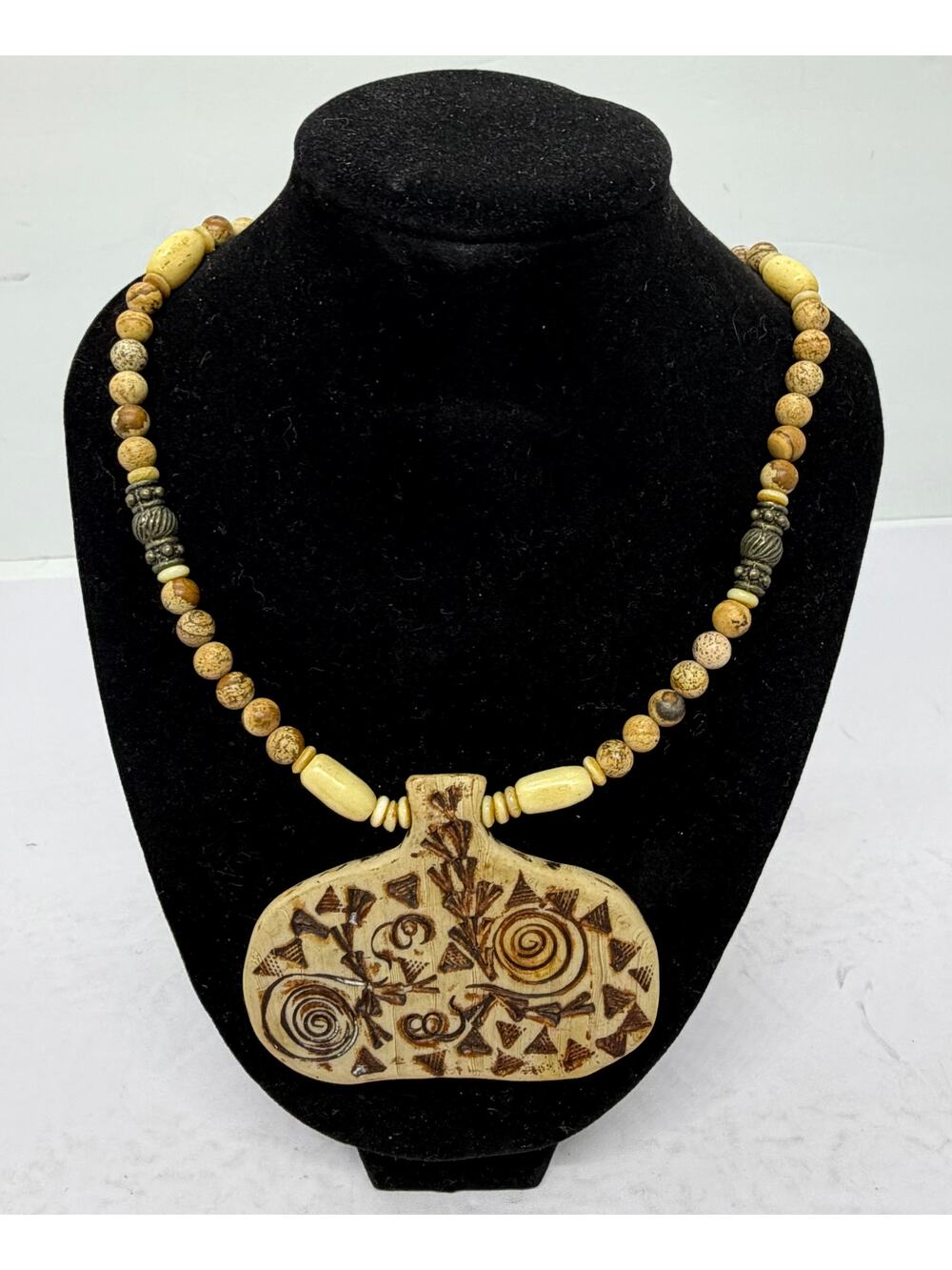 Vintage Hand Carved Bone Stamped Tribal Beaded Statement Necklace Pendant Boho